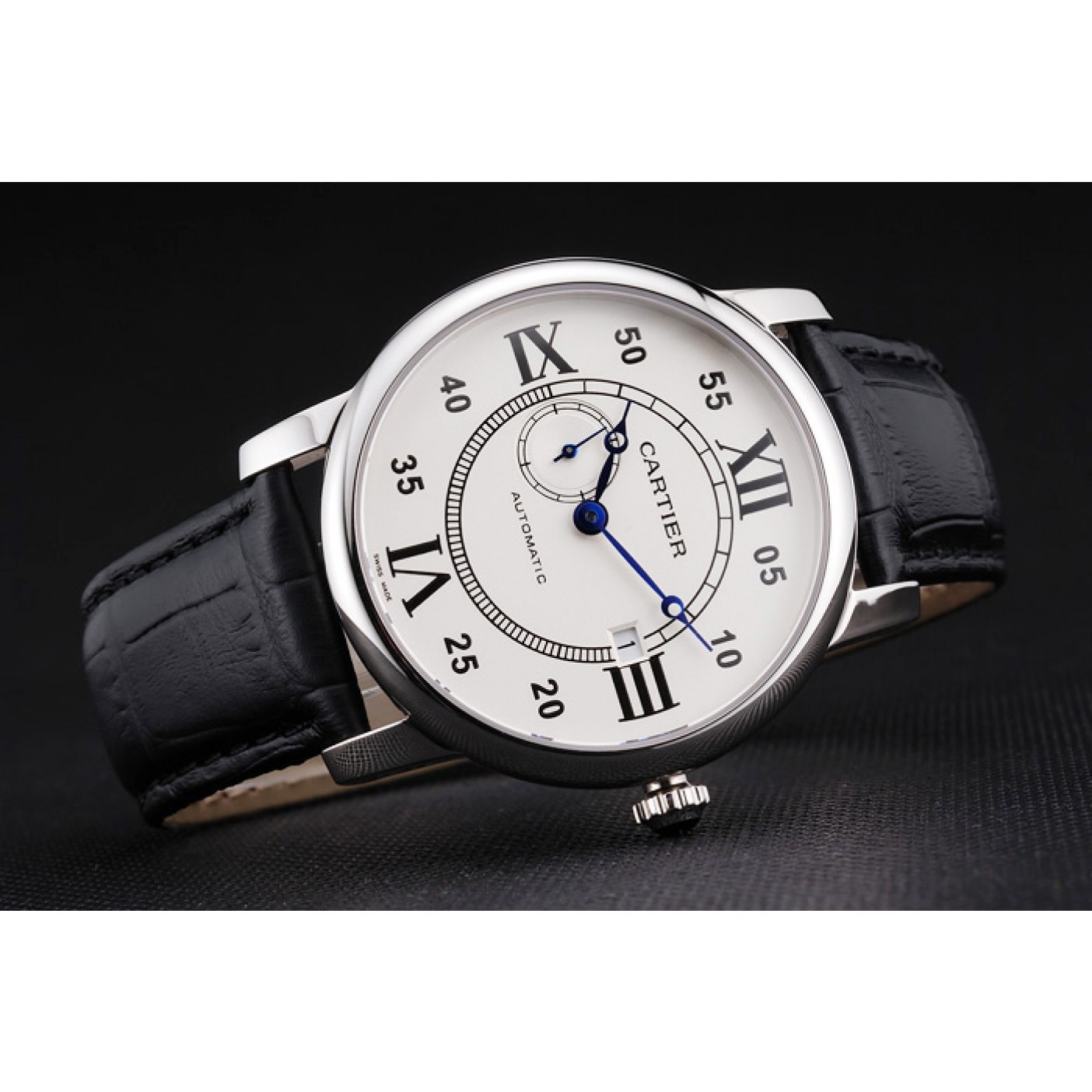 Swiss Cartier Rotonde Solo White Dial Silver Case Black Leather Strap