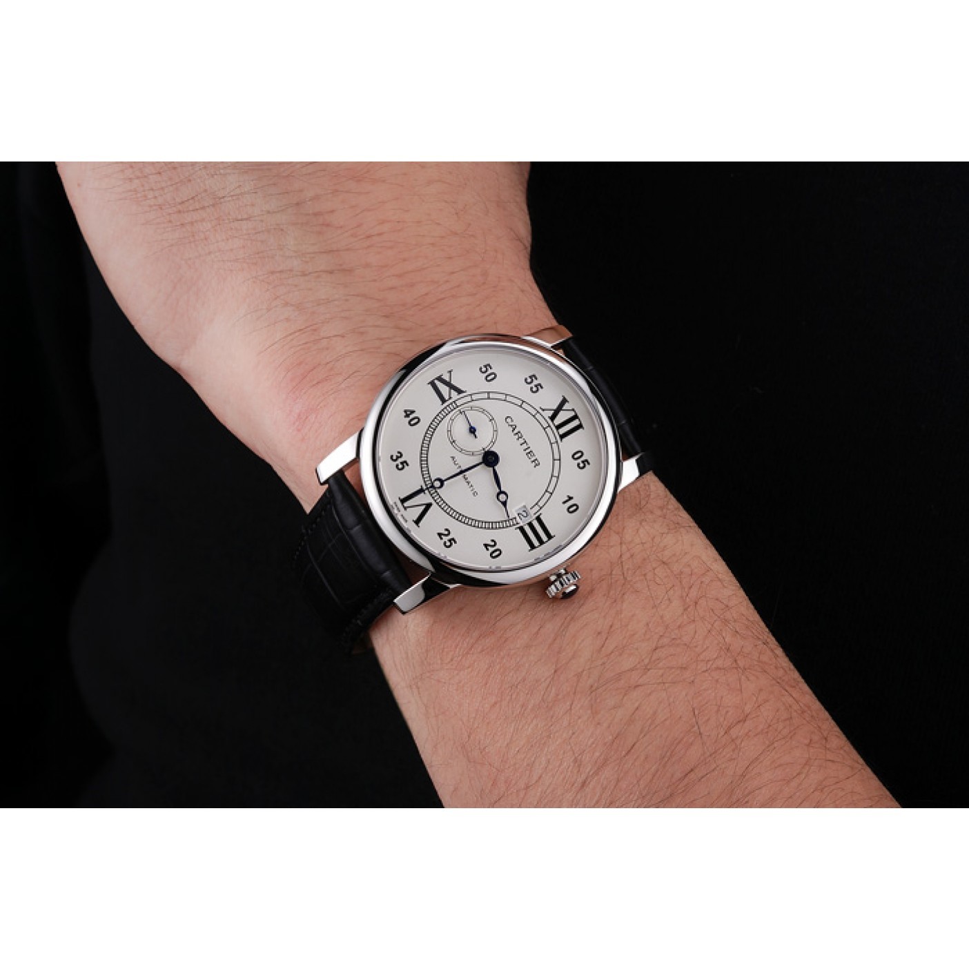 Swiss Cartier Rotonde Solo White Dial Silver Case Black Leather Strap