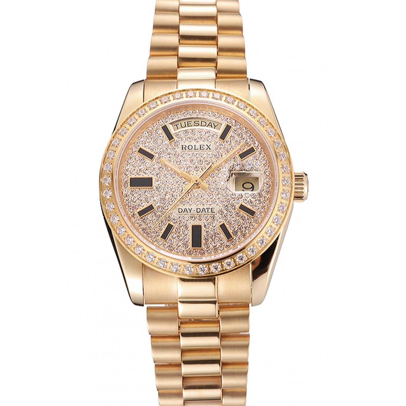 RepTime Watches Swiss Rolex Day Date Diamond Pave Dial And Bezel Gold Case And Bracelet