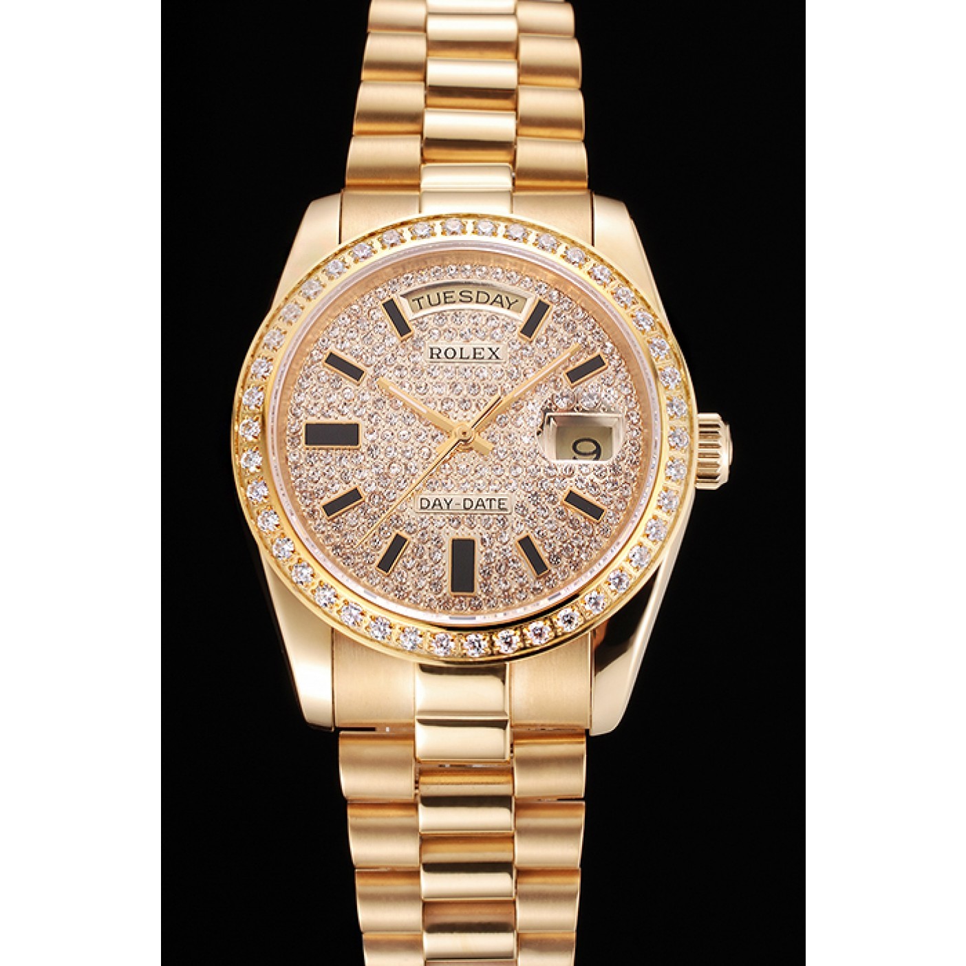 RepTime Watches Swiss Rolex Day Date Diamond Pave Dial And Bezel Gold Case And Bracelet