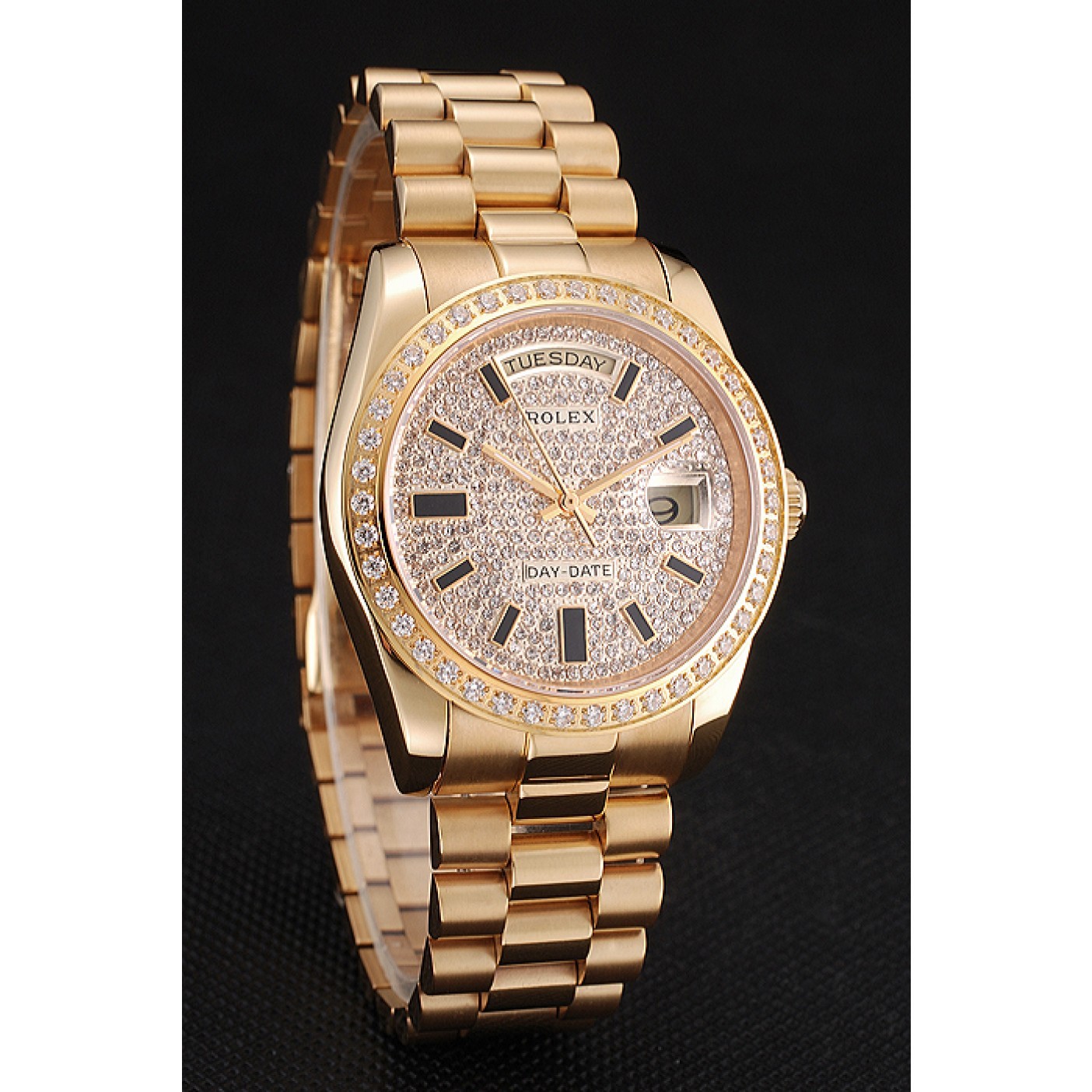 RepTime Watches Swiss Rolex Day Date Diamond Pave Dial And Bezel Gold Case And Bracelet