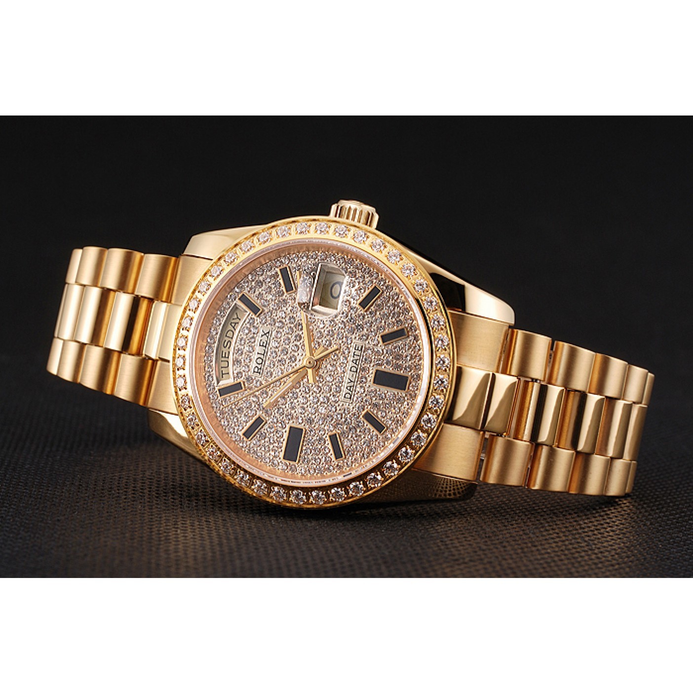 RepTime Watches Swiss Rolex Day Date Diamond Pave Dial And Bezel Gold Case And Bracelet