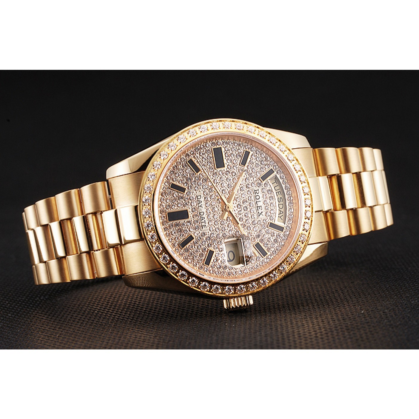 RepTime Watches Swiss Rolex Day Date Diamond Pave Dial And Bezel Gold Case And Bracelet