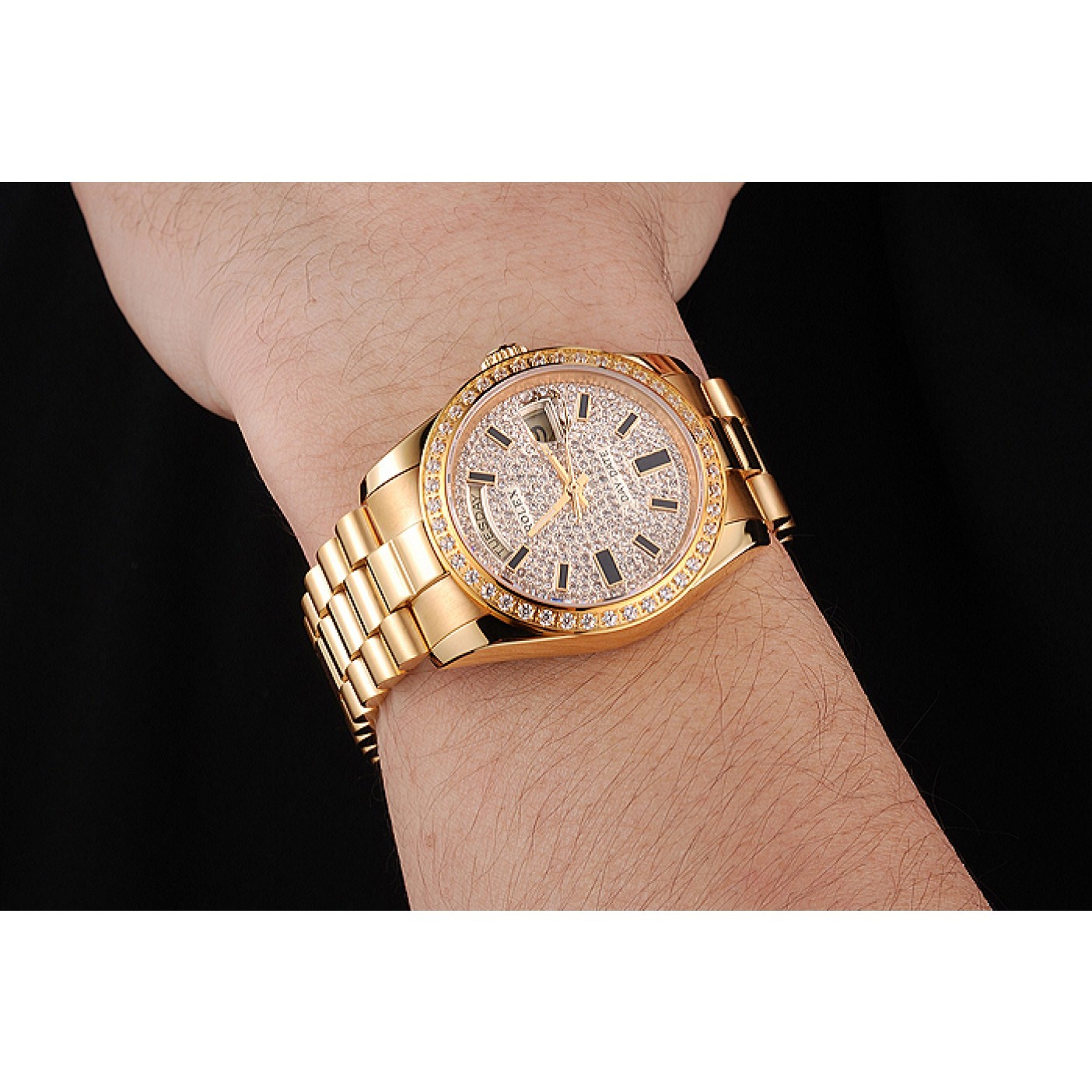 Swiss Rolex Day Date Diamond Pave Dial And Bezel Gold Case And Bracelet