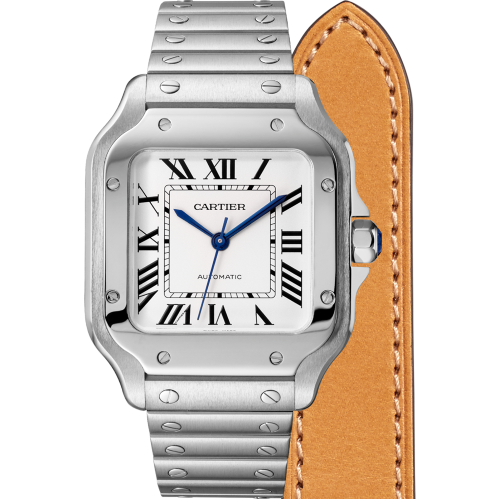 Swiss Santos de Cartier watch, Medium model, automatic, steel, interchangeable metal and leather bracelets