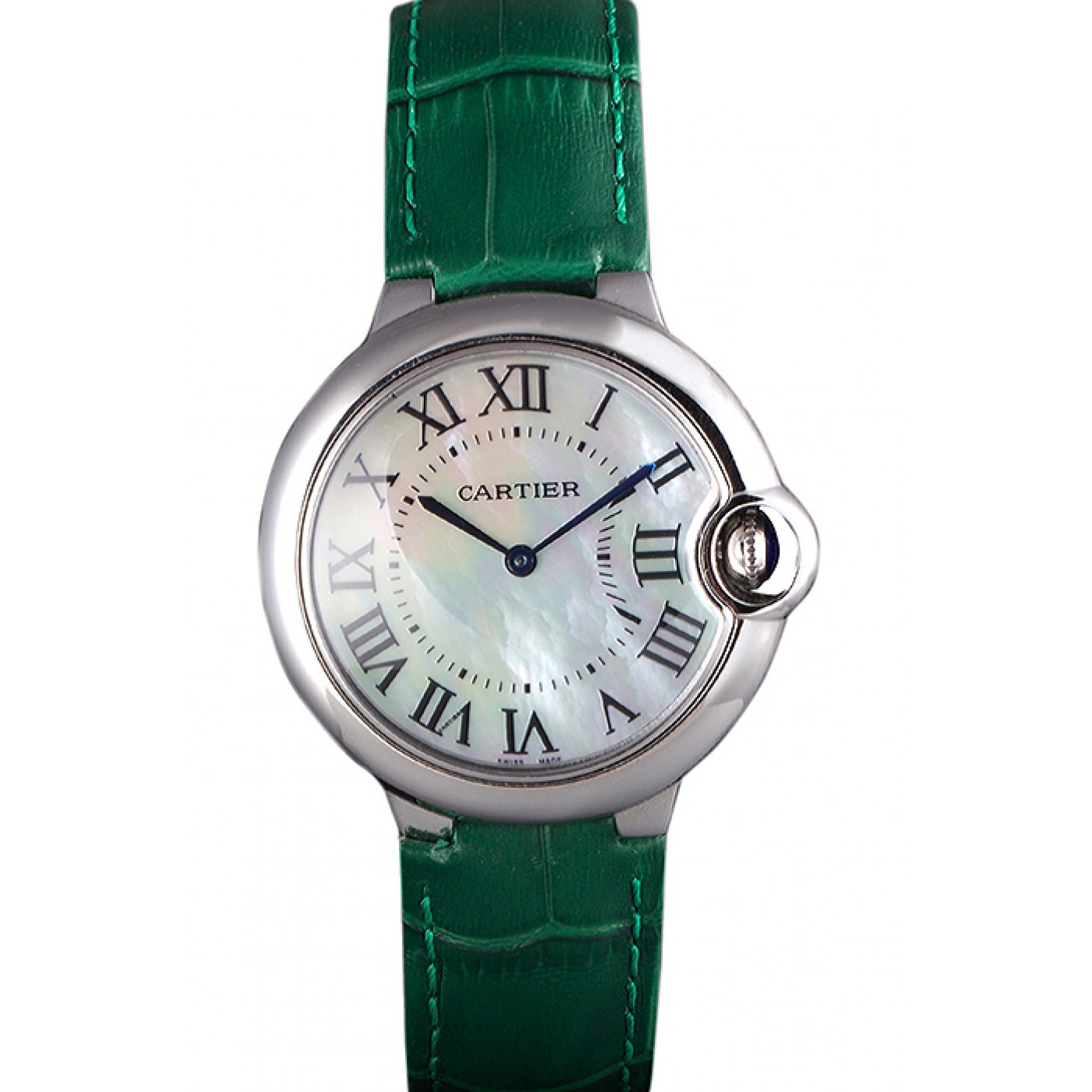 Cartier Ballon Bleu Silver Bezel with Pearl Dial Green Leather Band 621552