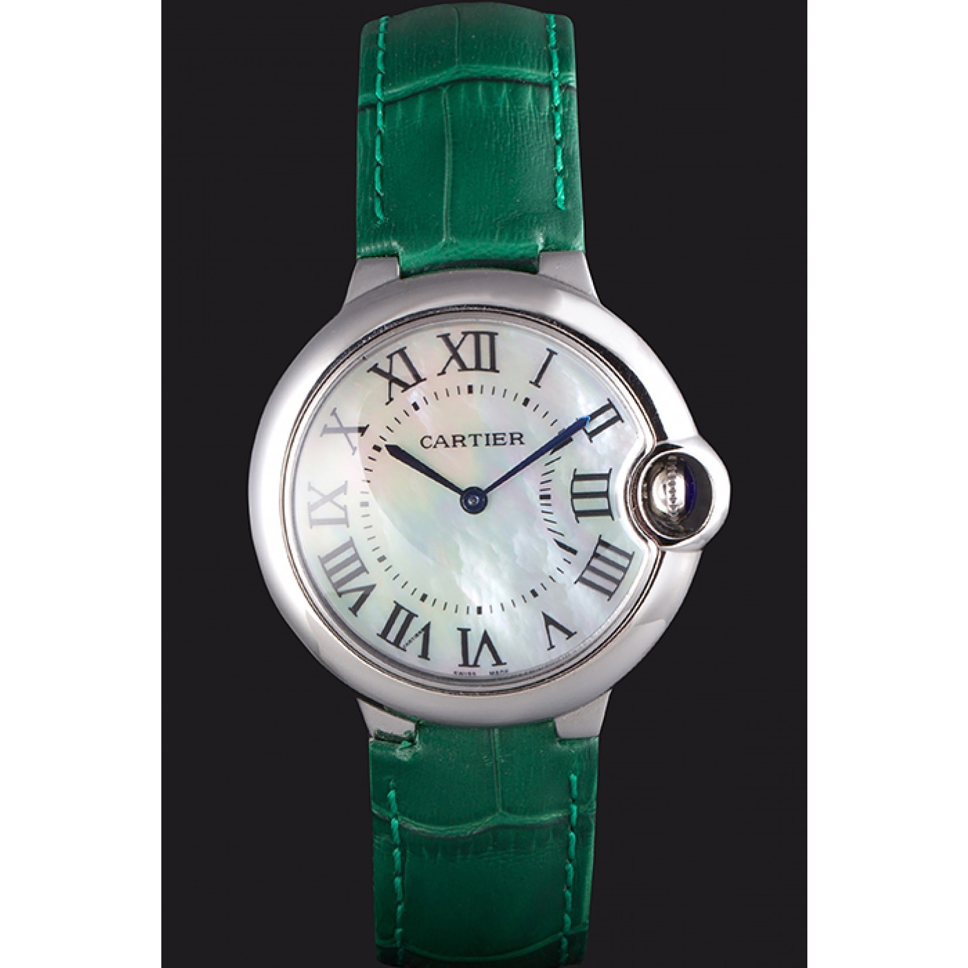 Cartier Ballon Bleu Silver Bezel with Pearl Dial Green Leather Band 621552