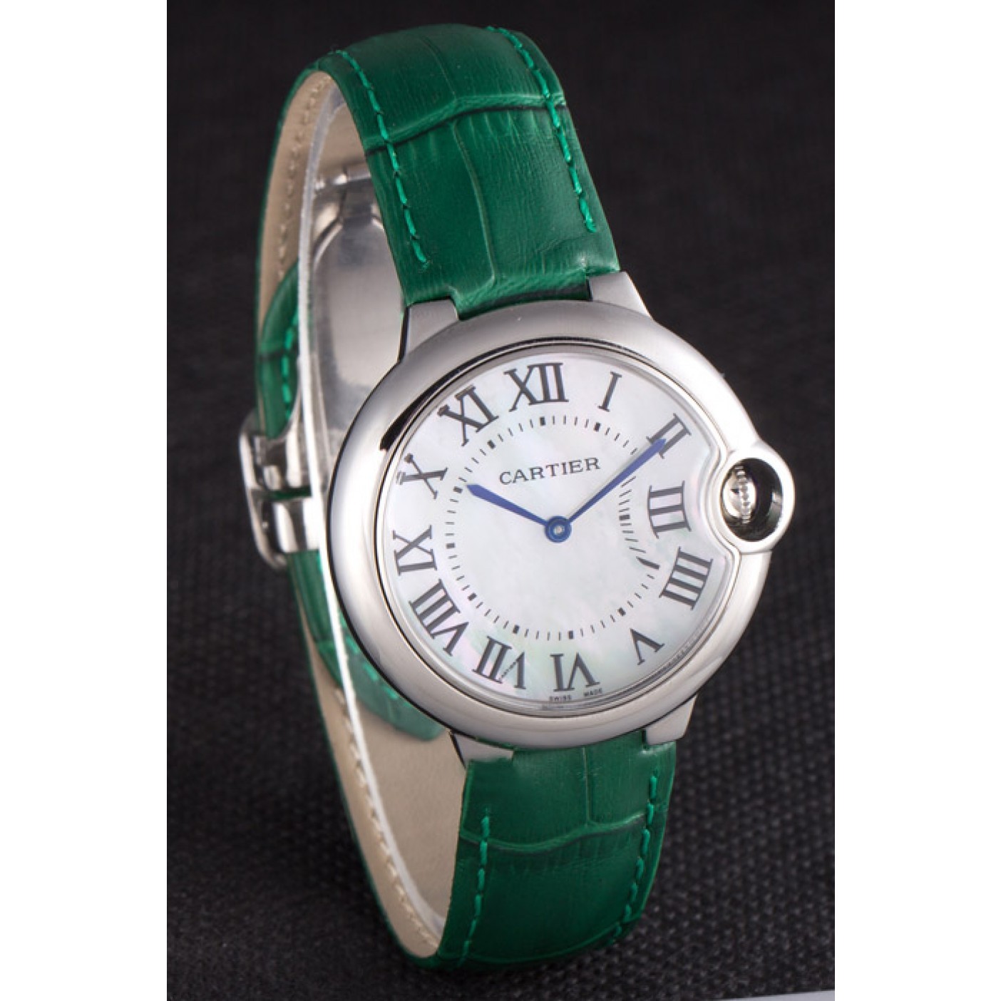 Cartier Ballon Bleu Silver Bezel with Pearl Dial Green Leather Band 621552