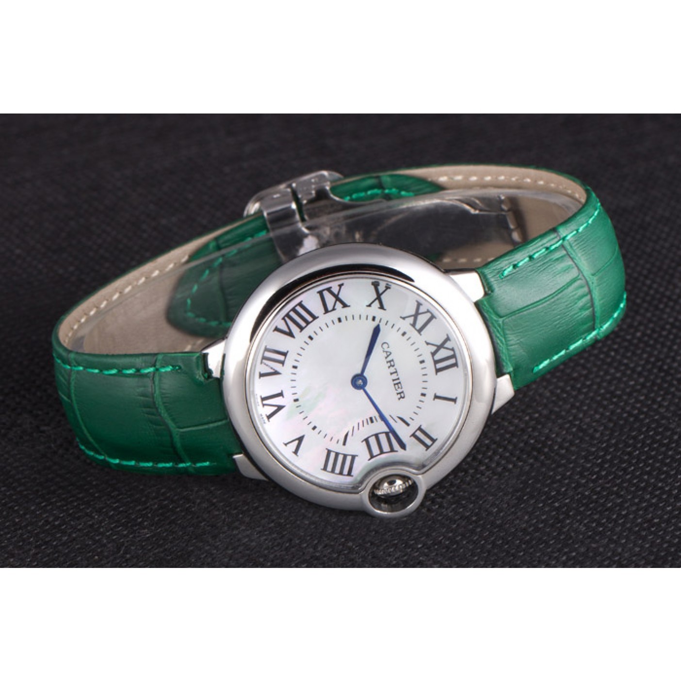 Cartier Ballon Bleu Silver Bezel with Pearl Dial Green Leather Band 621552