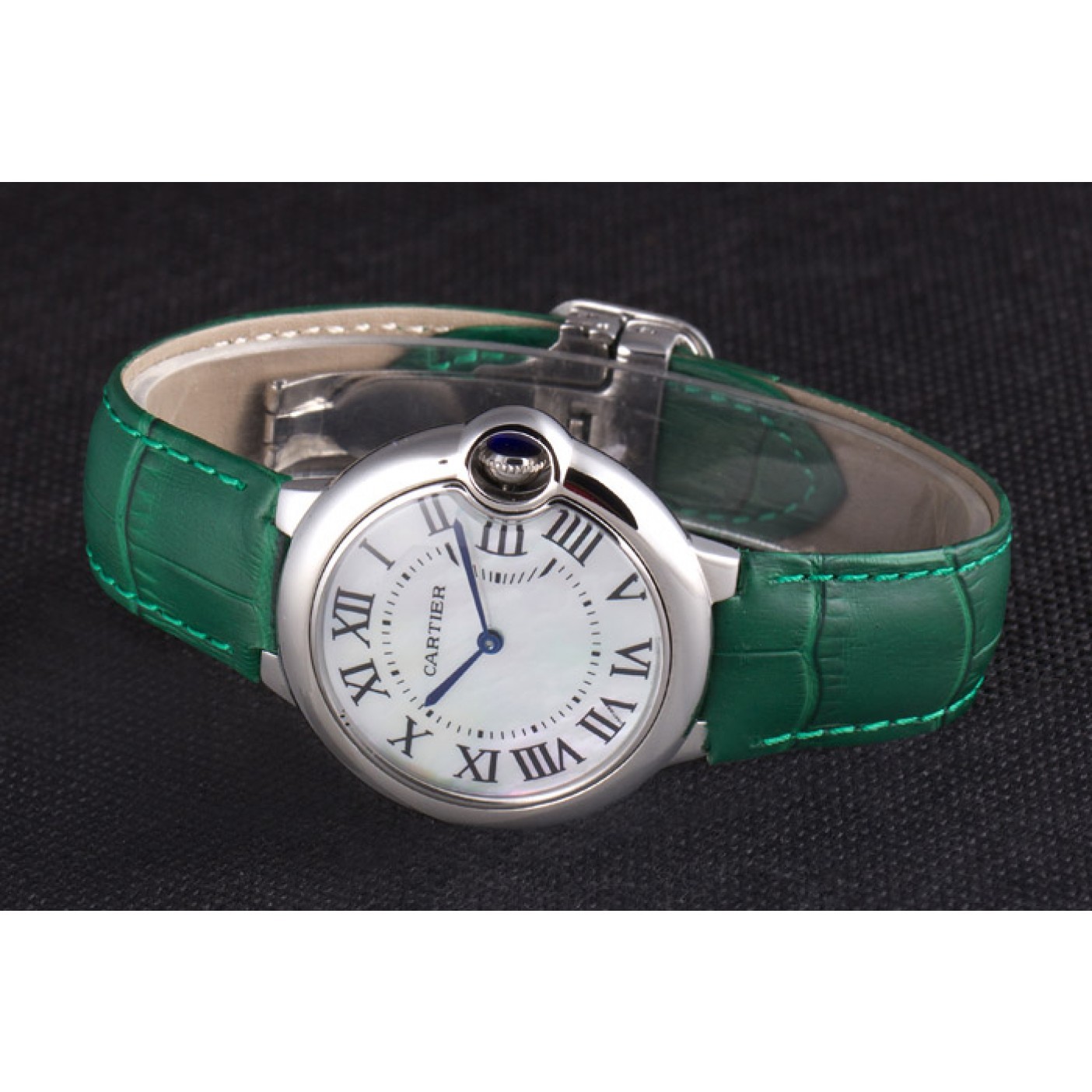 Cartier Ballon Bleu Silver Bezel with Pearl Dial Green Leather Band 621552