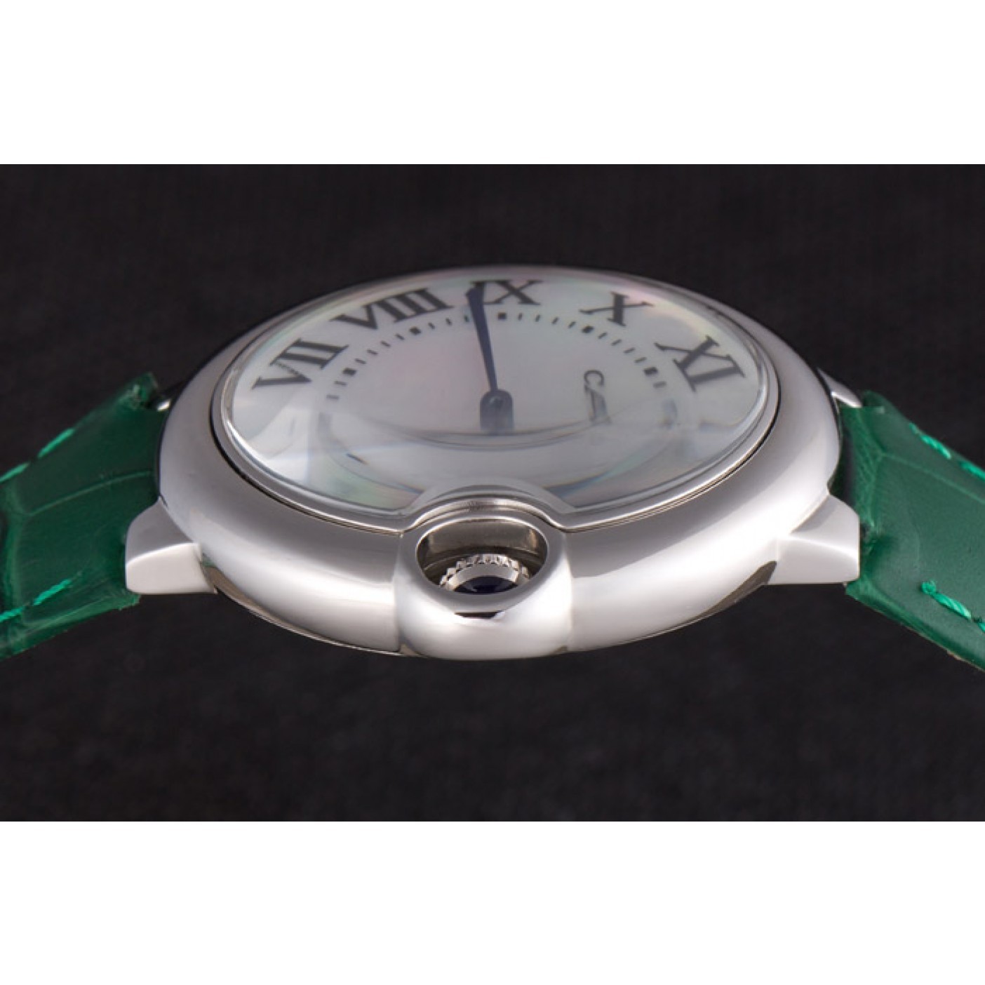 Cartier Ballon Bleu Silver Bezel with Pearl Dial Green Leather Band 621552