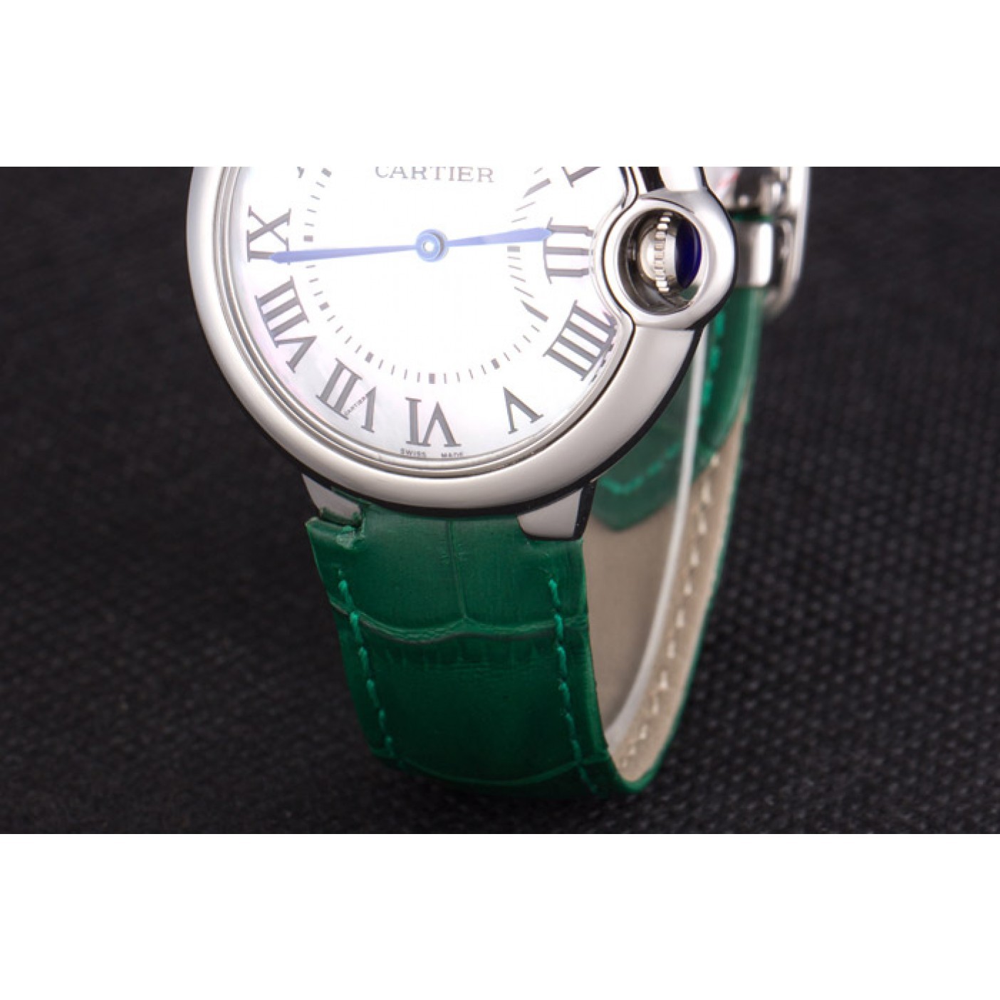 Cartier Ballon Bleu Silver Bezel with Pearl Dial Green Leather Band 621552