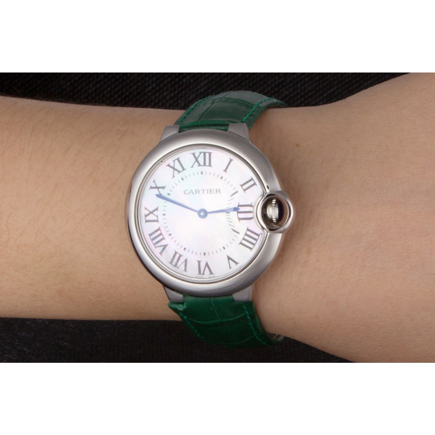 Cartier Ballon Bleu Silver Bezel with Pearl Dial Green Leather Band 621552