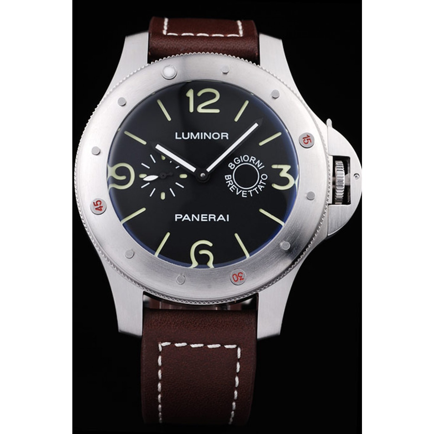 Panerai Luminor Brushed Stainless Steel Case Black Dial Dark Brown Leather Strap