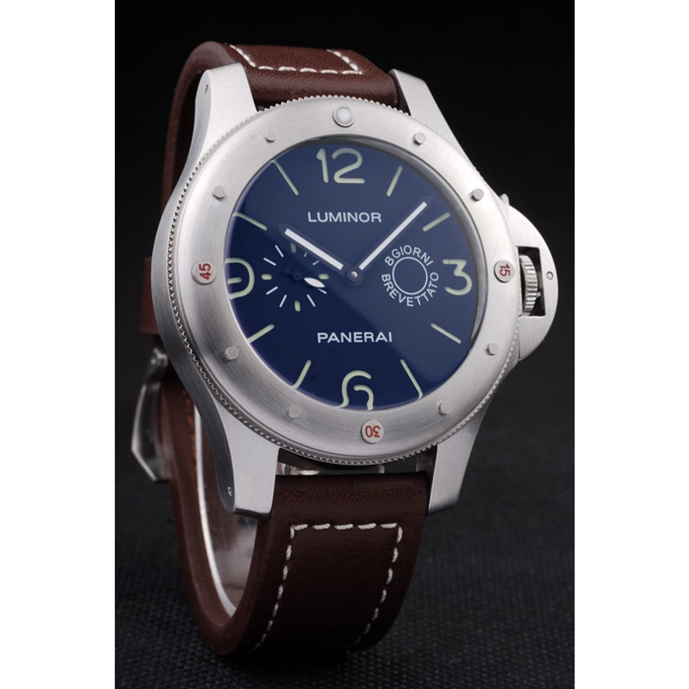 Panerai Luminor Brushed Stainless Steel Case Black Dial Dark Brown Leather Strap