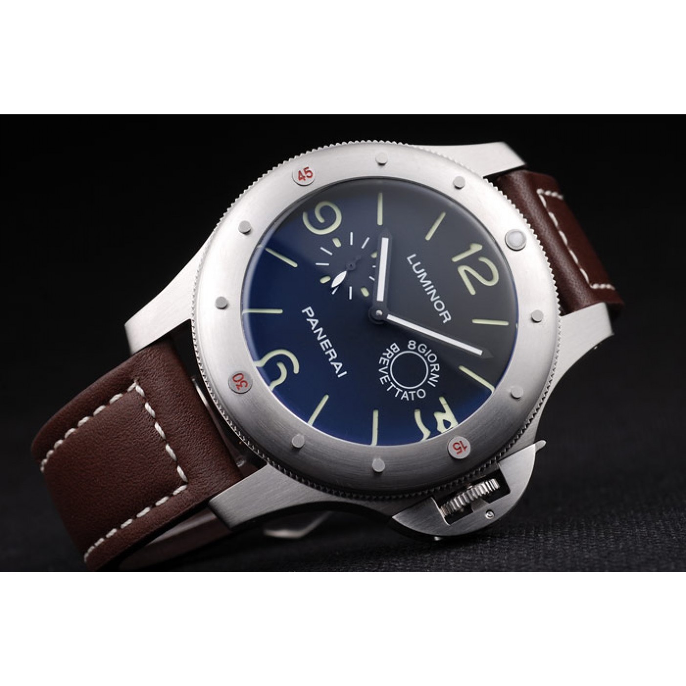 Panerai Luminor Brushed Stainless Steel Case Black Dial Dark Brown Leather Strap