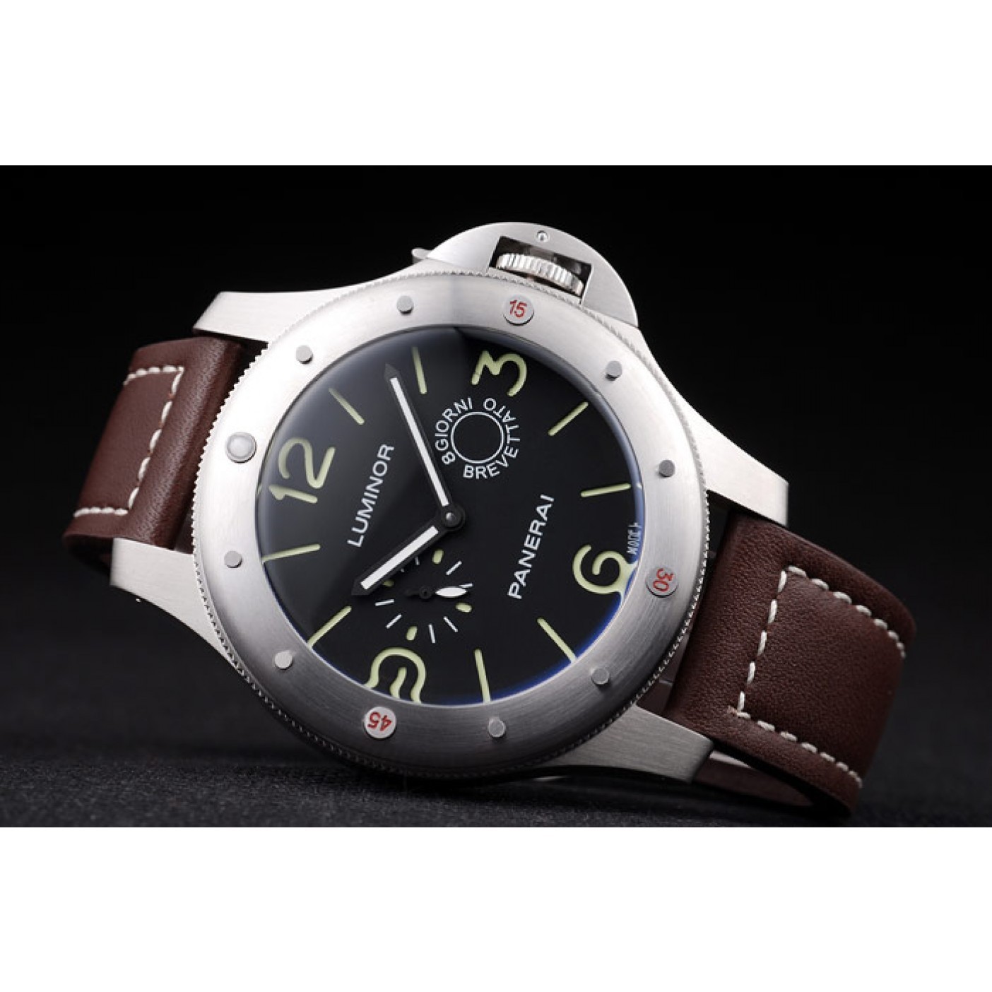 Panerai Luminor Brushed Stainless Steel Case Black Dial Dark Brown Leather Strap