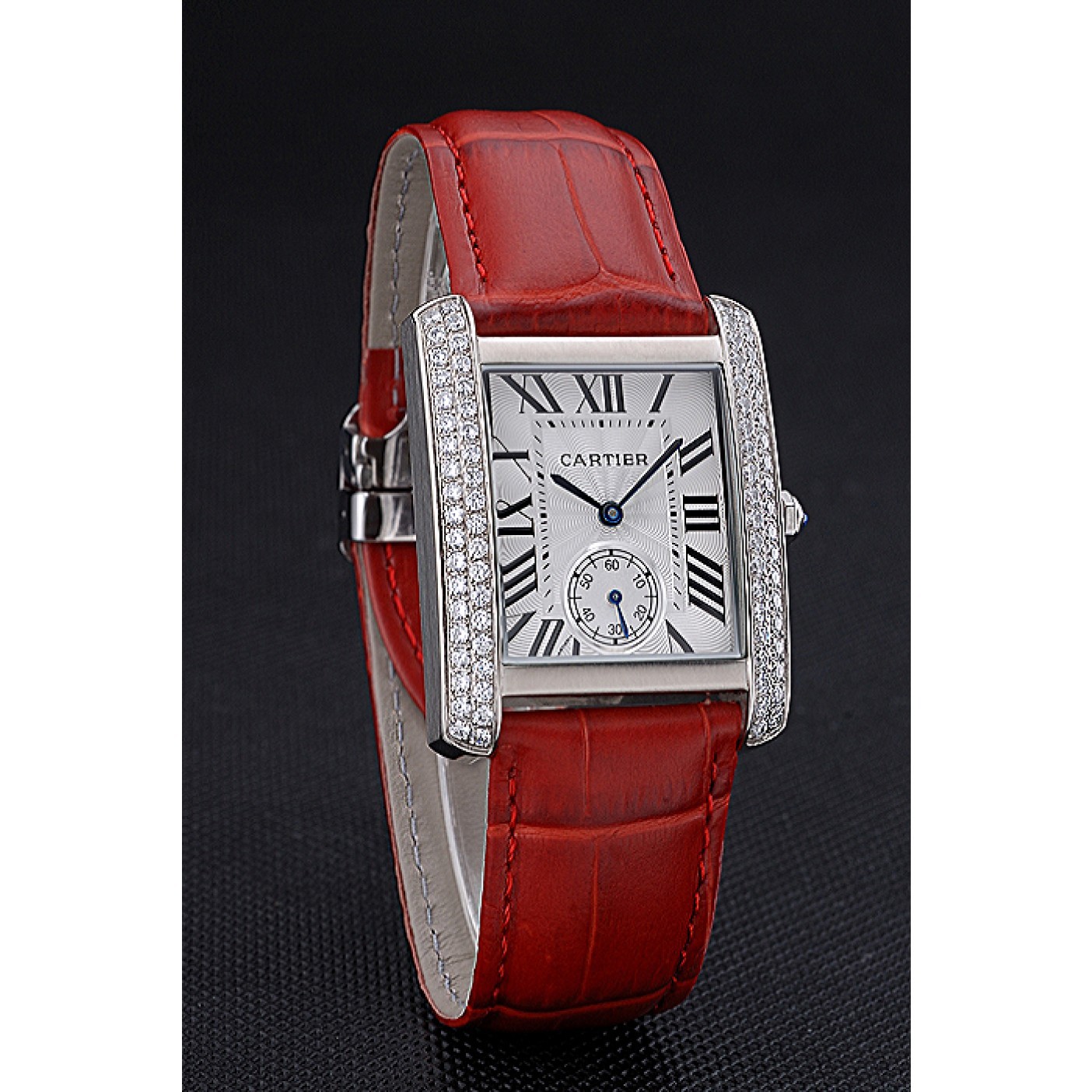 Cartier Tank MC Stainless Steel Diamond Case White Dial Red Leather Strap 622173