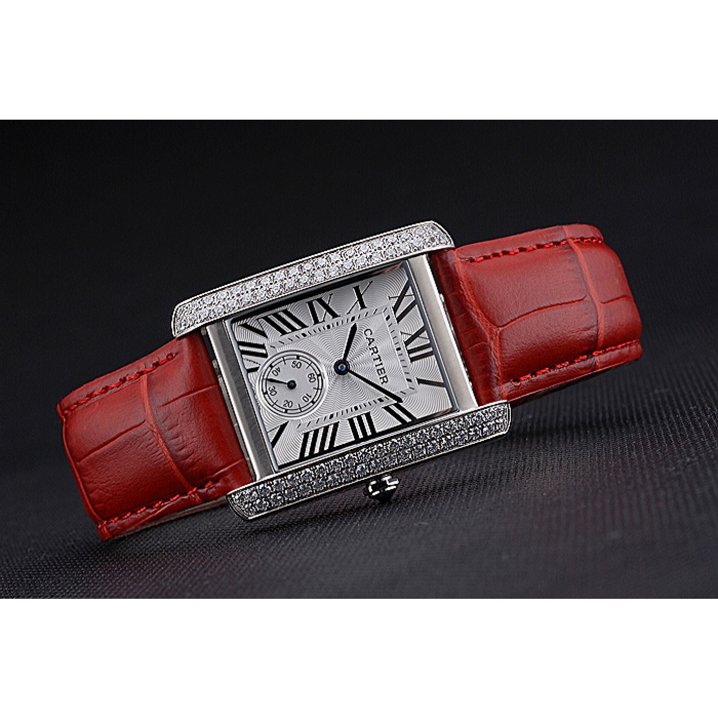 Cartier Tank MC Stainless Steel Diamond Case White Dial Red Leather Strap 622173