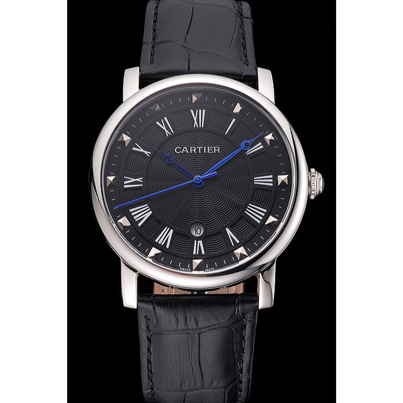 Cartier Rotonde Date Black Dial Stainless Steel Case Black Leather Strap