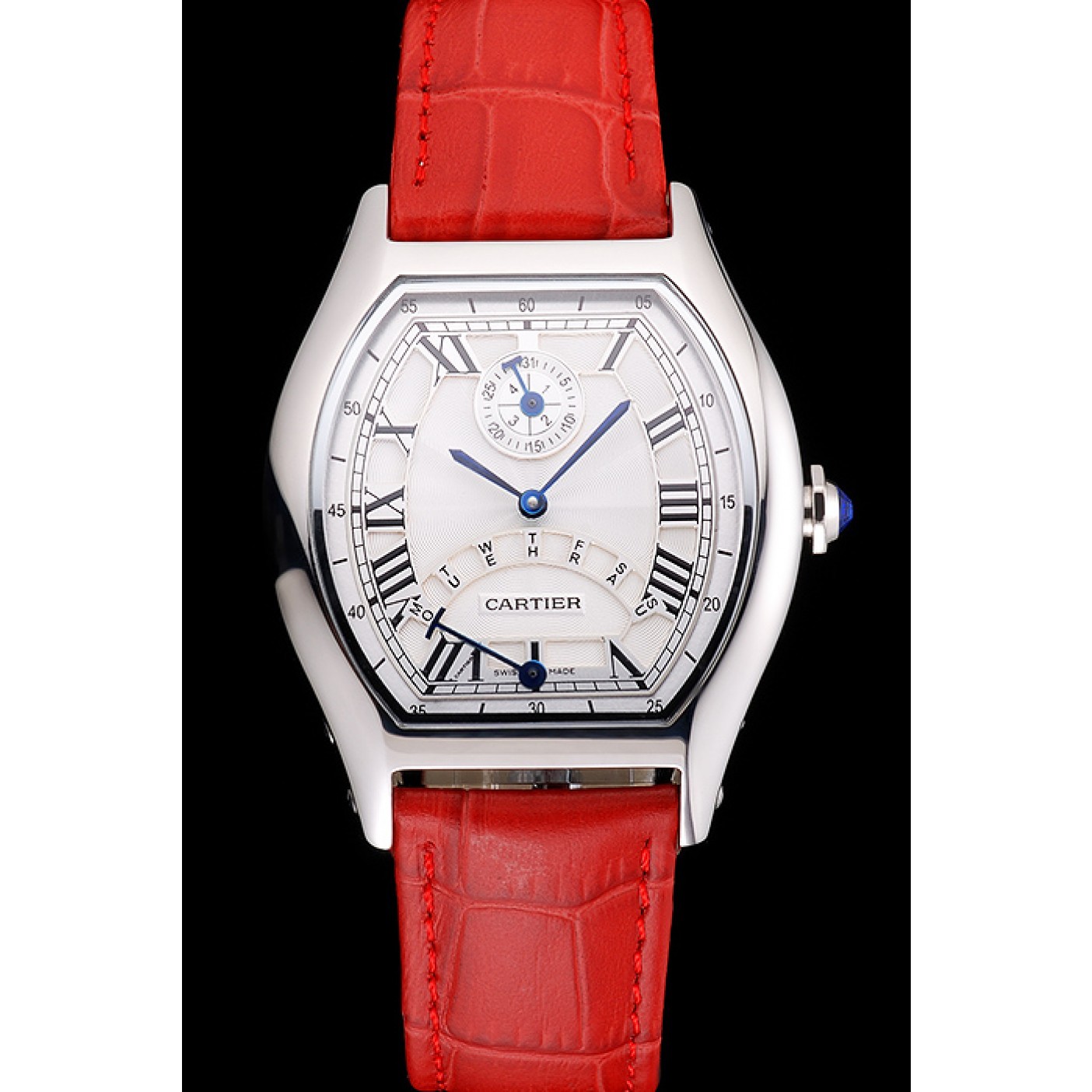 Cartier Tortue Perpetual Calendar White Dial Stainless Steel Case Red Leather Strap