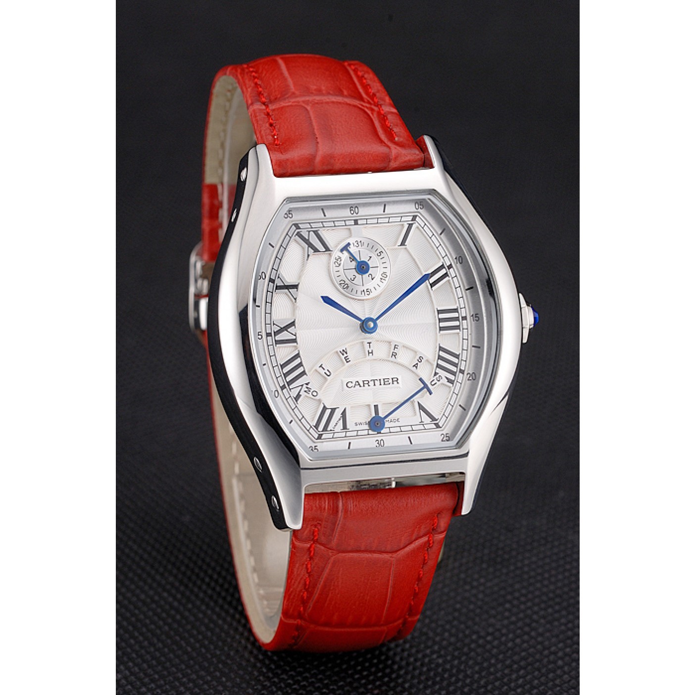 Cartier Tortue Perpetual Calendar White Dial Stainless Steel Case Red Leather Strap