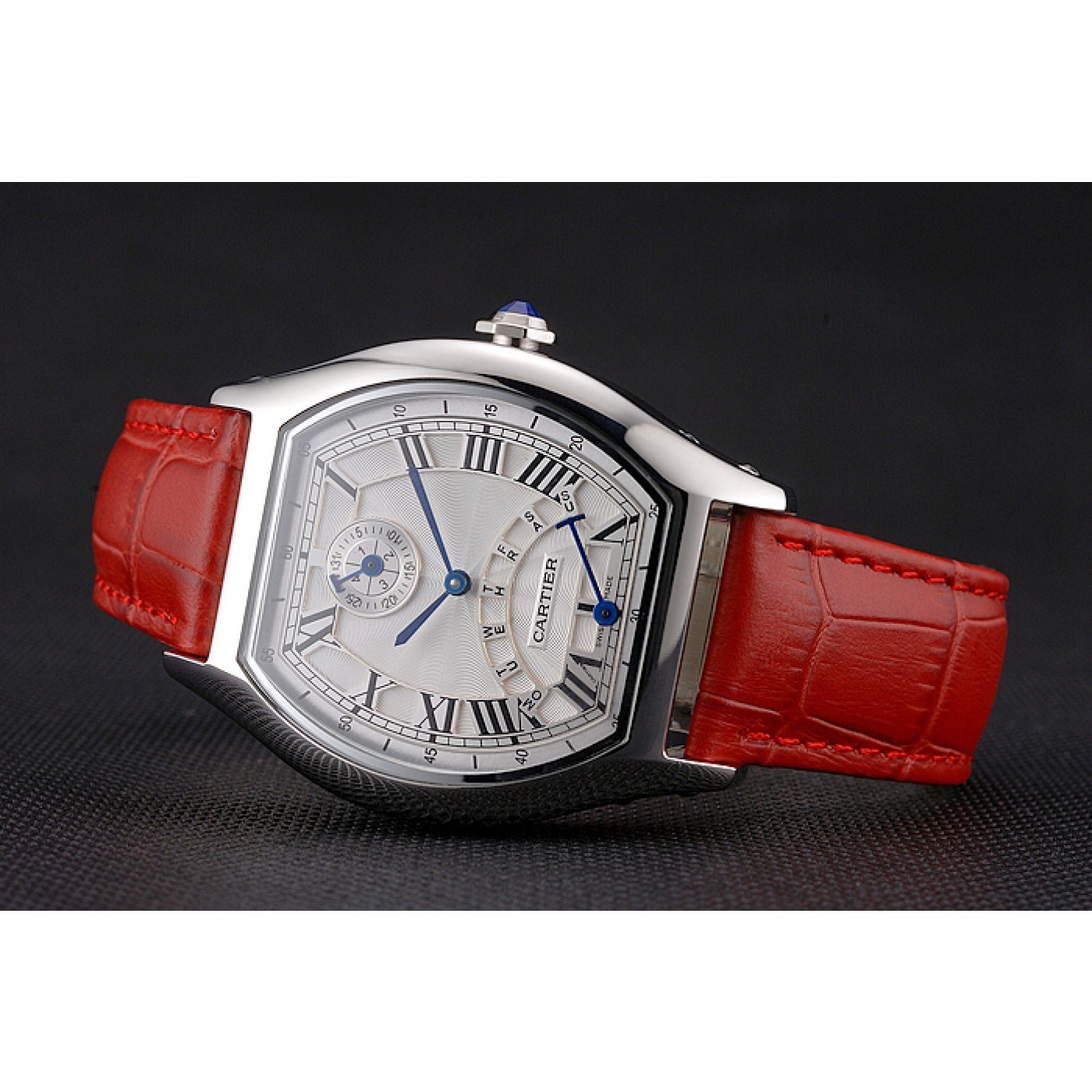 Cartier Tortue Perpetual Calendar White Dial Stainless Steel Case Red Leather Strap