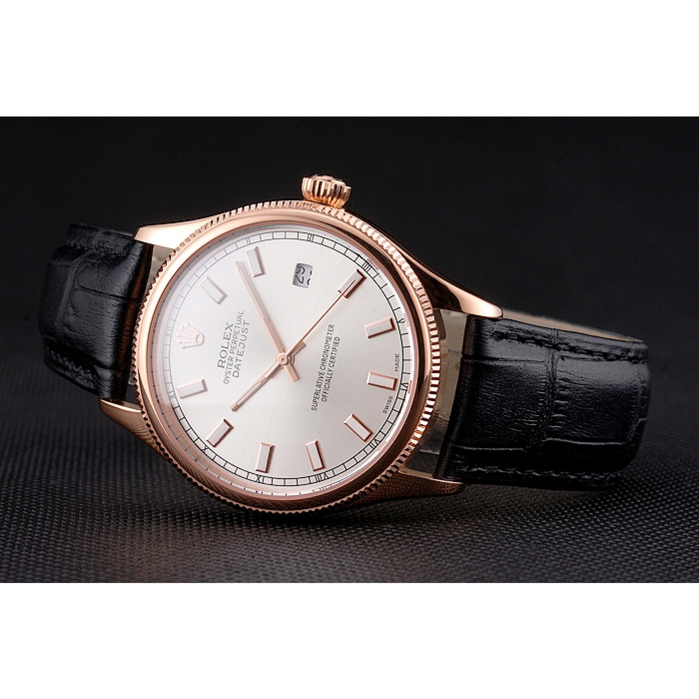 Swiss Rolex Datejust White Dial Rose Gold Case Black Leather Strap