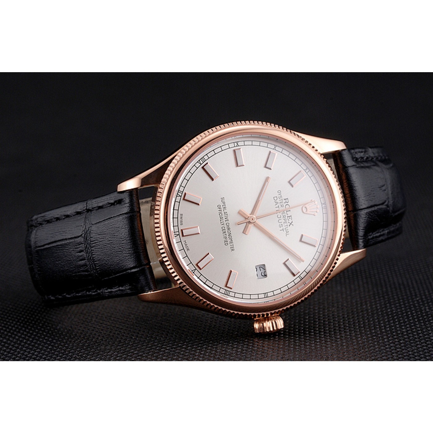 Swiss Rolex Datejust White Dial Rose Gold Case Black Leather Strap