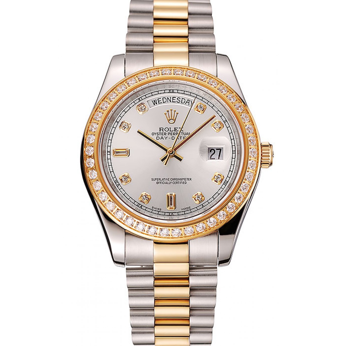 RepTime Watches Swiss Rolex Day-Date White Dial Gold Diamond Case Two Tone Stainless Steel Bracelet 1453972