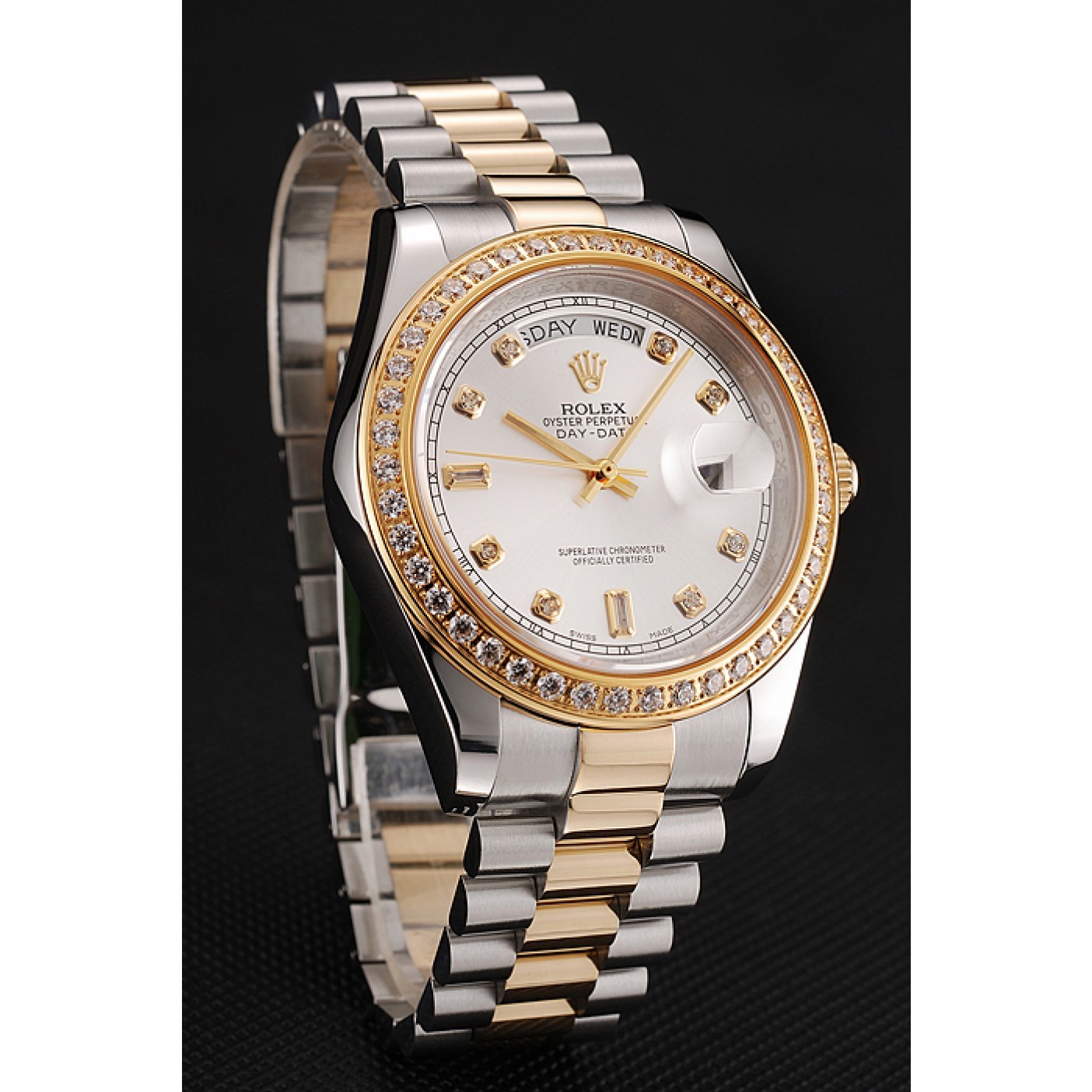 RepTime Watches Swiss Rolex Day-Date White Dial Gold Diamond Case Two Tone Stainless Steel Bracelet 1453972