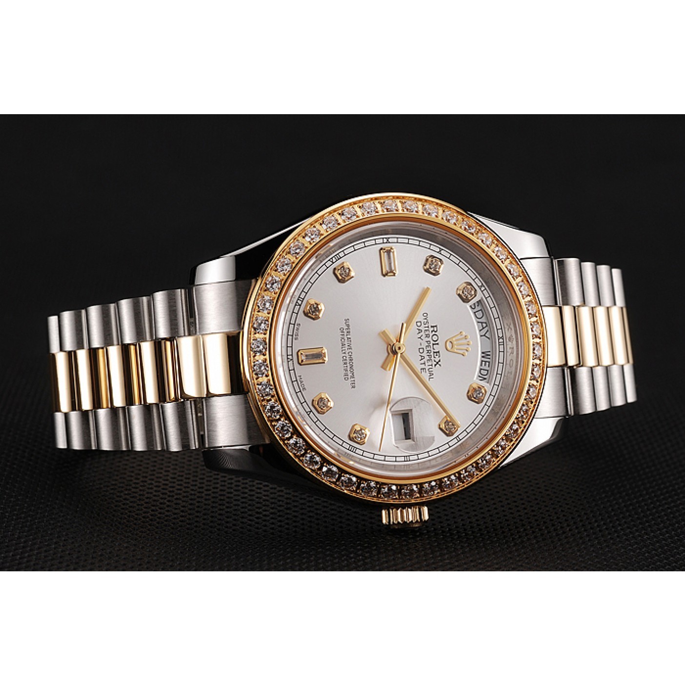 RepTime Watches Swiss Rolex Day-Date White Dial Gold Diamond Case Two Tone Stainless Steel Bracelet 1453972