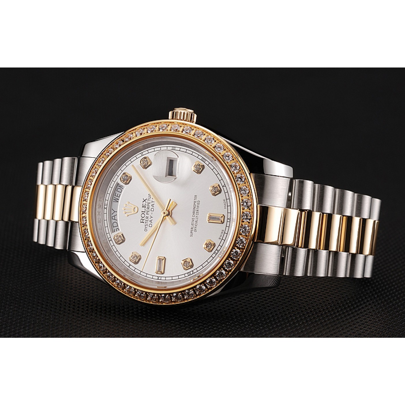 RepTime Watches Swiss Rolex Day-Date White Dial Gold Diamond Case Two Tone Stainless Steel Bracelet 1453972