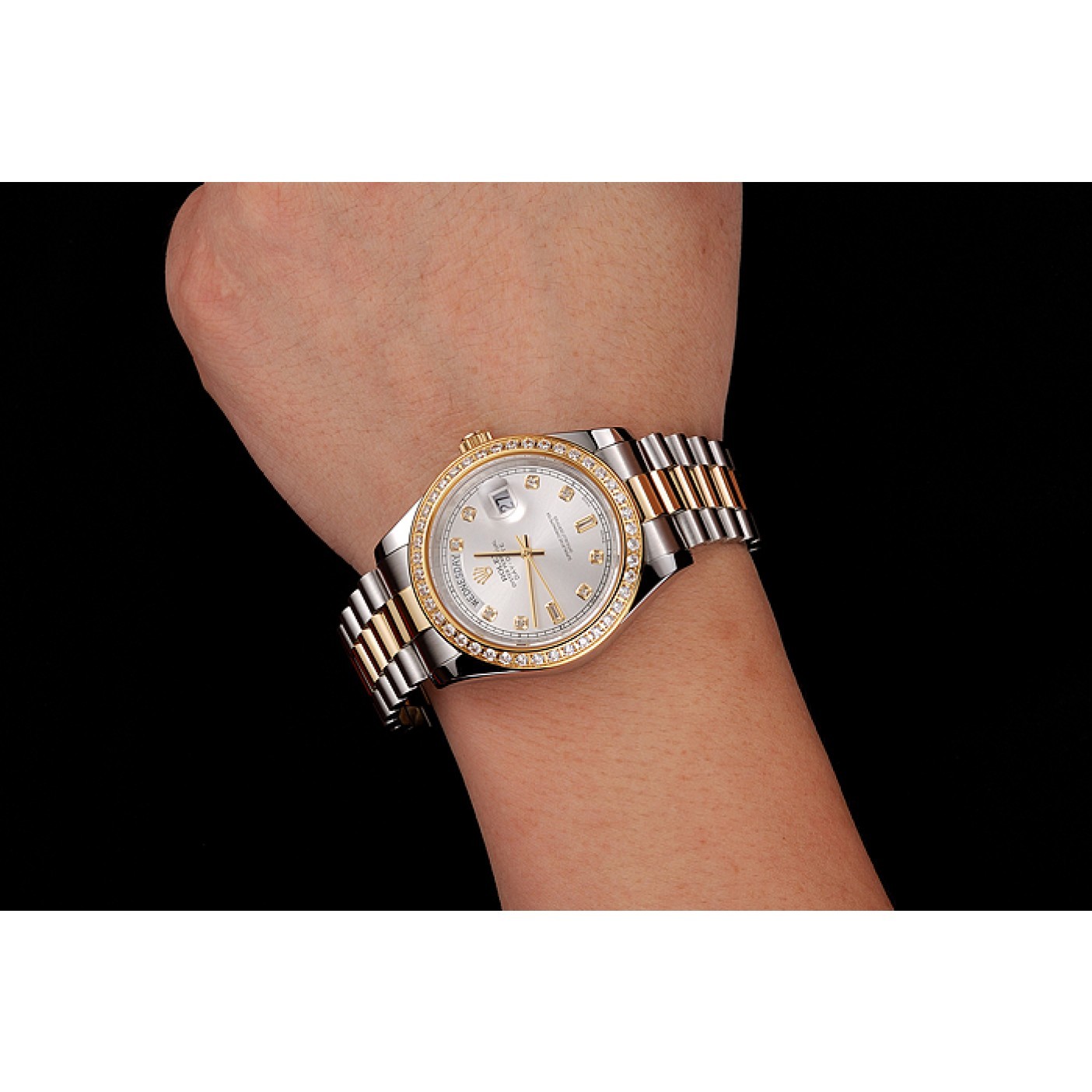 Swiss Rolex Day-Date White Dial Gold Diamond Case Two Tone Stainless Steel Bracelet 1453972