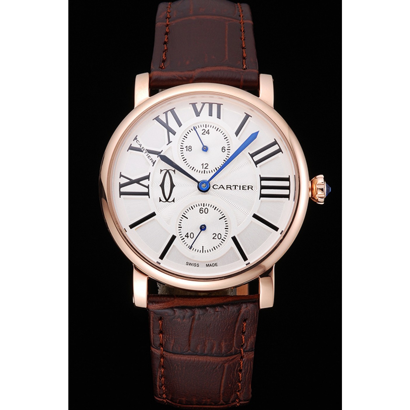 Cartier Ronde Second Time Zone White Dial Gold Case Brown Leather Strap 622801