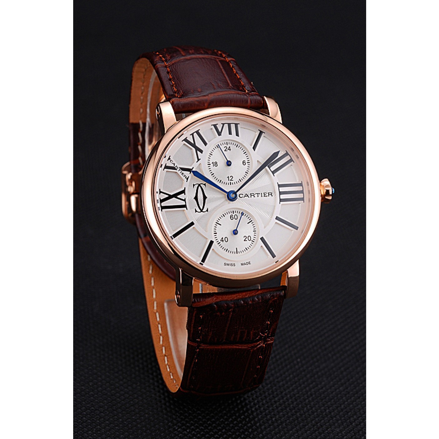 Cartier Ronde Second Time Zone White Dial Gold Case Brown Leather Strap 622801