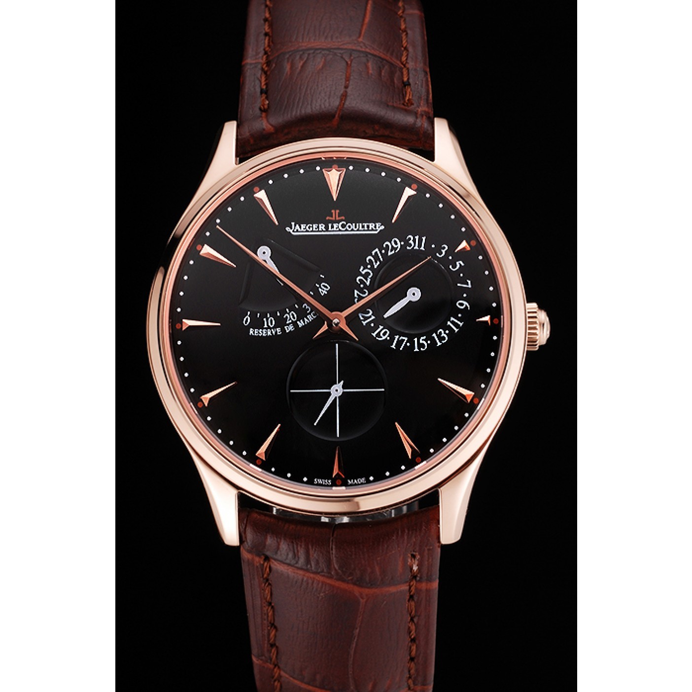 Swiss Jaeger LeCoultre Master Ultra Thin Reserve De Marche Black Dial Rose Gold Case Brown Leather Strap