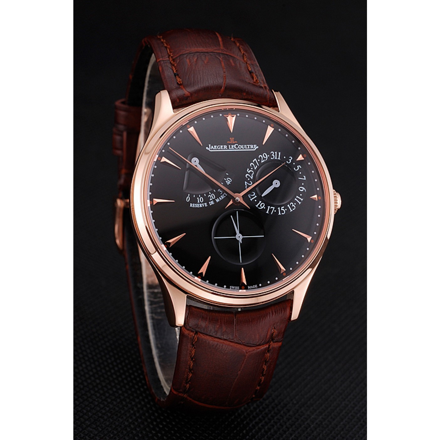 Swiss Jaeger LeCoultre Master Ultra Thin Reserve De Marche Black Dial Rose Gold Case Brown Leather Strap