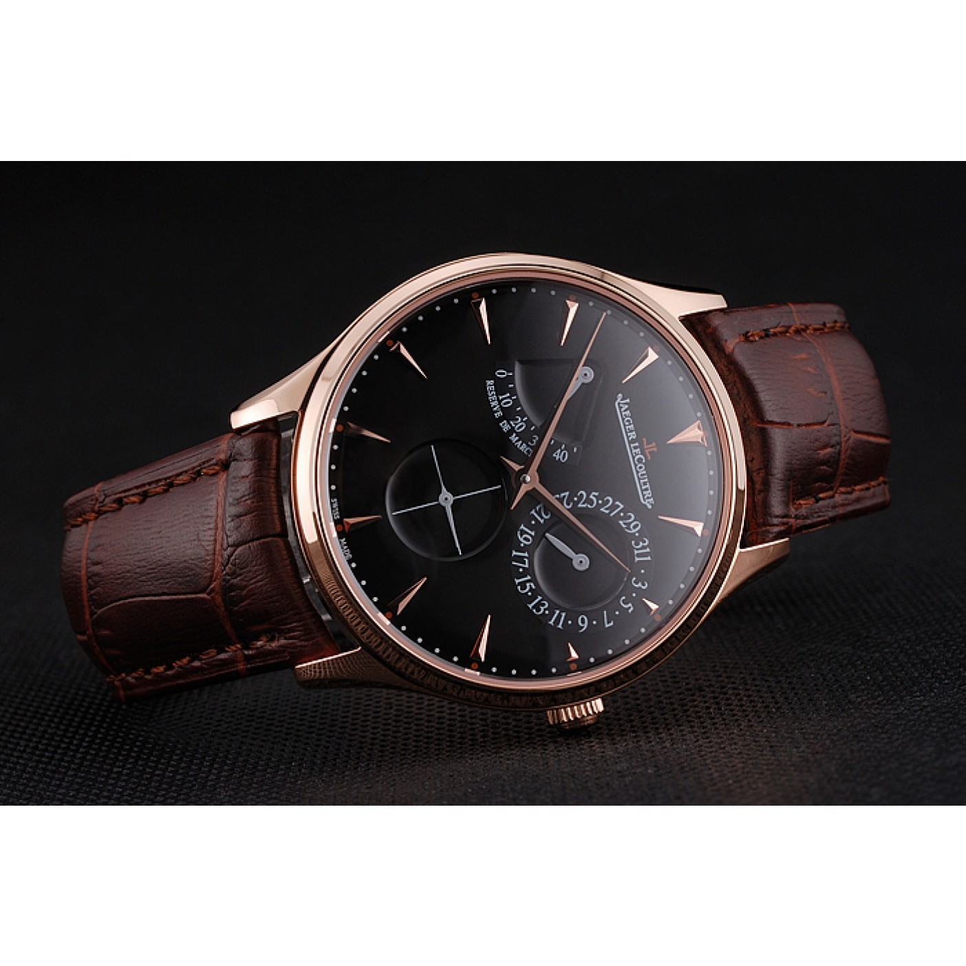 Swiss Jaeger LeCoultre Master Ultra Thin Reserve De Marche Black Dial Rose Gold Case Brown Leather Strap