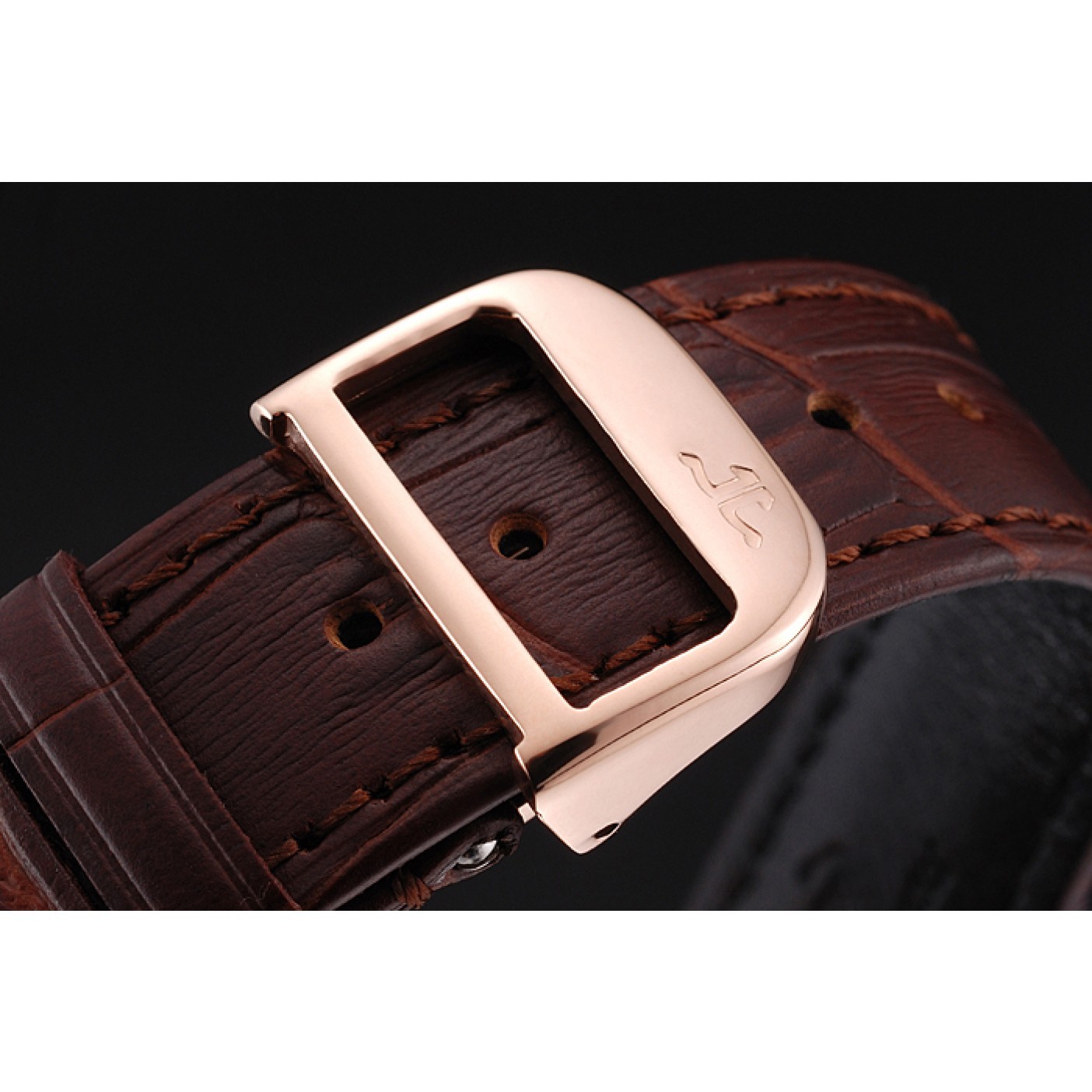 Swiss Jaeger LeCoultre Master Ultra Thin Reserve De Marche Black Dial Rose Gold Case Brown Leather Strap