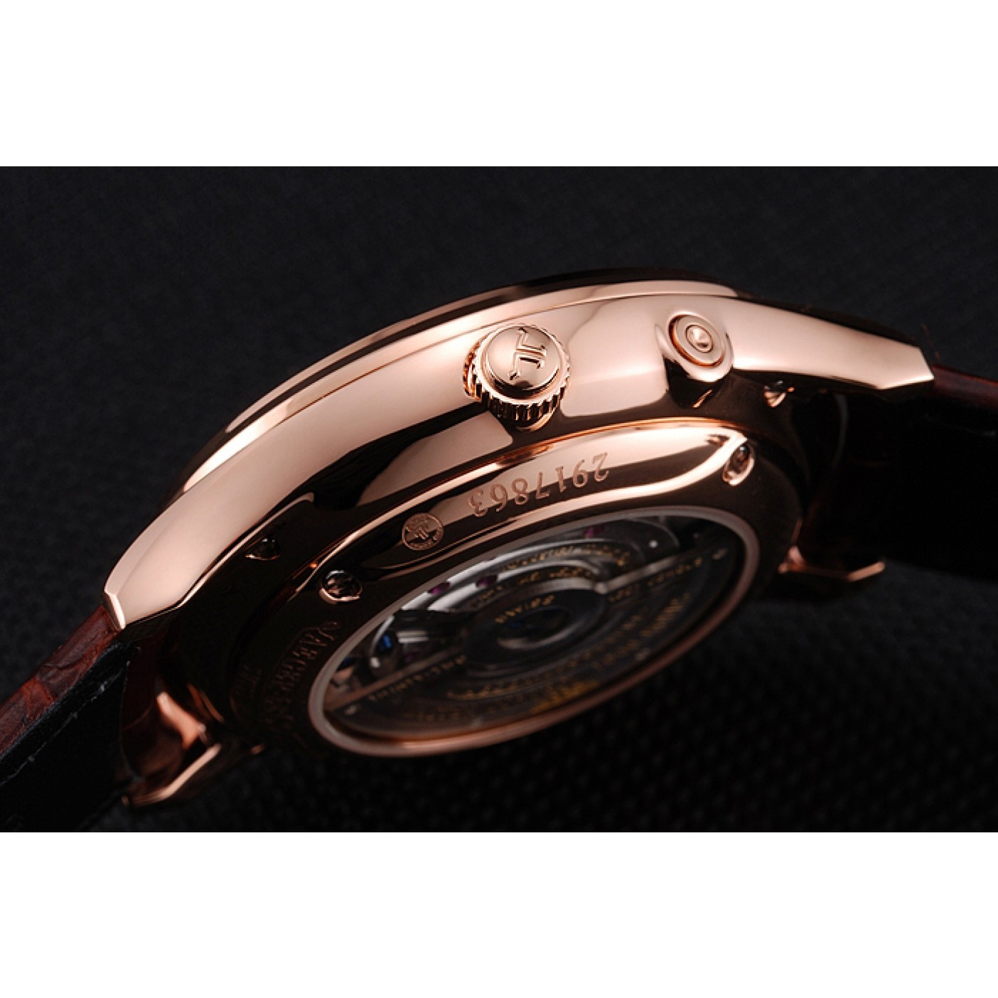 Swiss Jaeger LeCoultre Master Ultra Thin Reserve De Marche Black Dial Rose Gold Case Brown Leather Strap