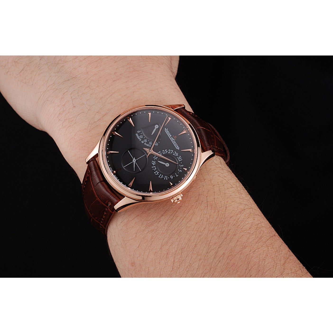 Swiss Jaeger LeCoultre Master Ultra Thin Reserve De Marche Black Dial Rose Gold Case Brown Leather Strap