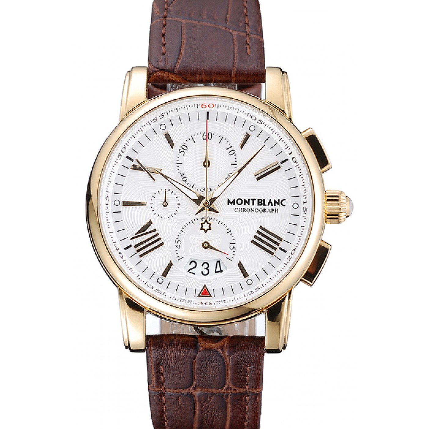 Montblanc Chronograph White Dial Brown Leather Bracelet Gold Case 1454113