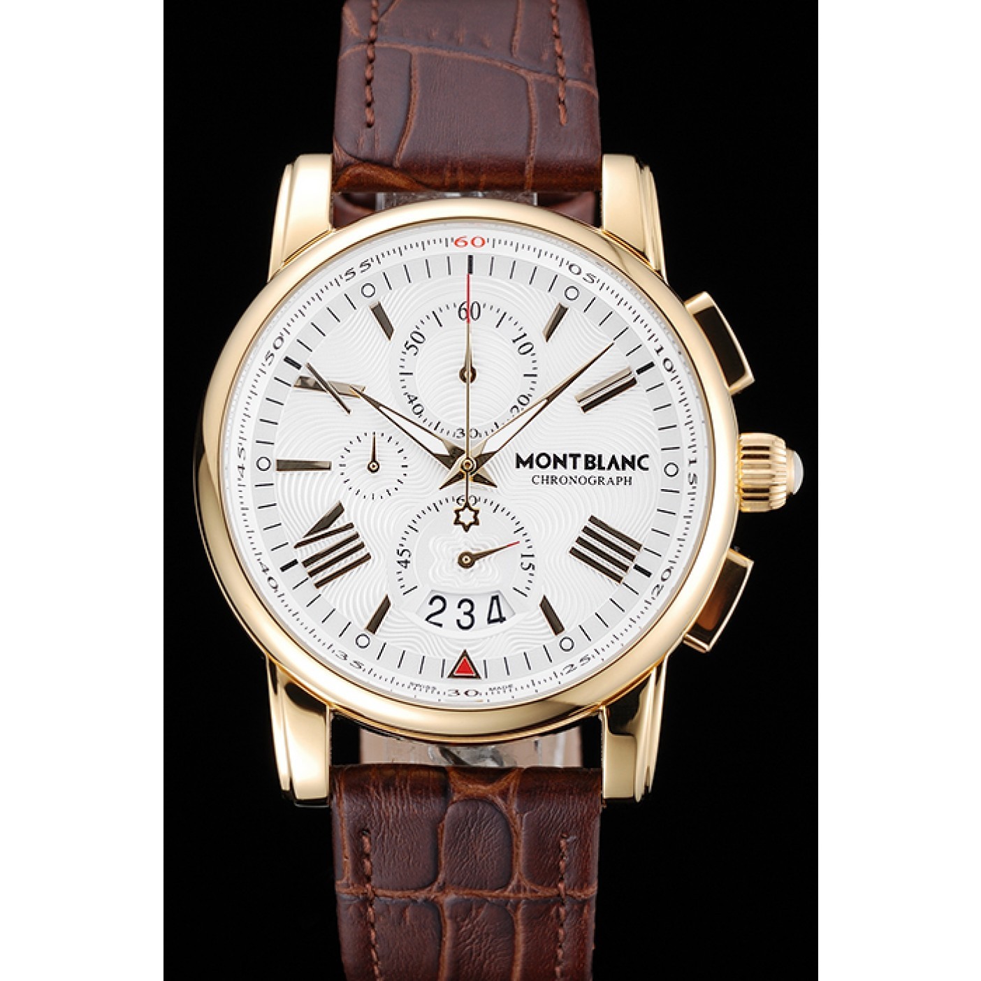 Montblanc Chronograph White Dial Brown Leather Bracelet Gold Case 1454113