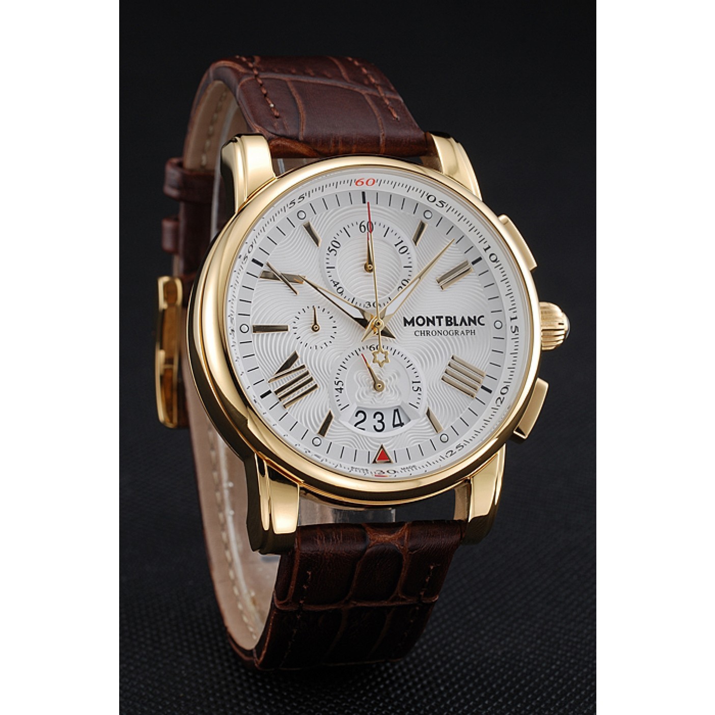 Montblanc Chronograph White Dial Brown Leather Bracelet Gold Case 1454113