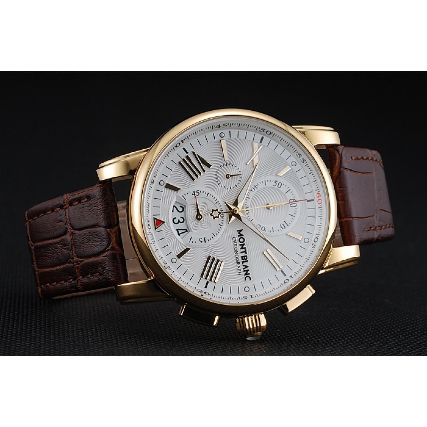 Montblanc Chronograph White Dial Brown Leather Bracelet Gold Case 1454113