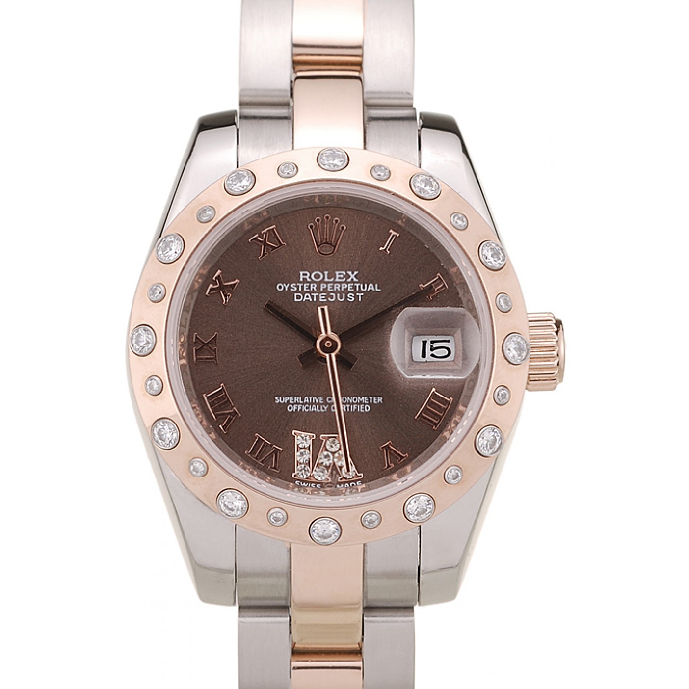 RepTime Watches Rolex DateJust Brushed Stainless Steel Case Brown Dial Diamond Plated