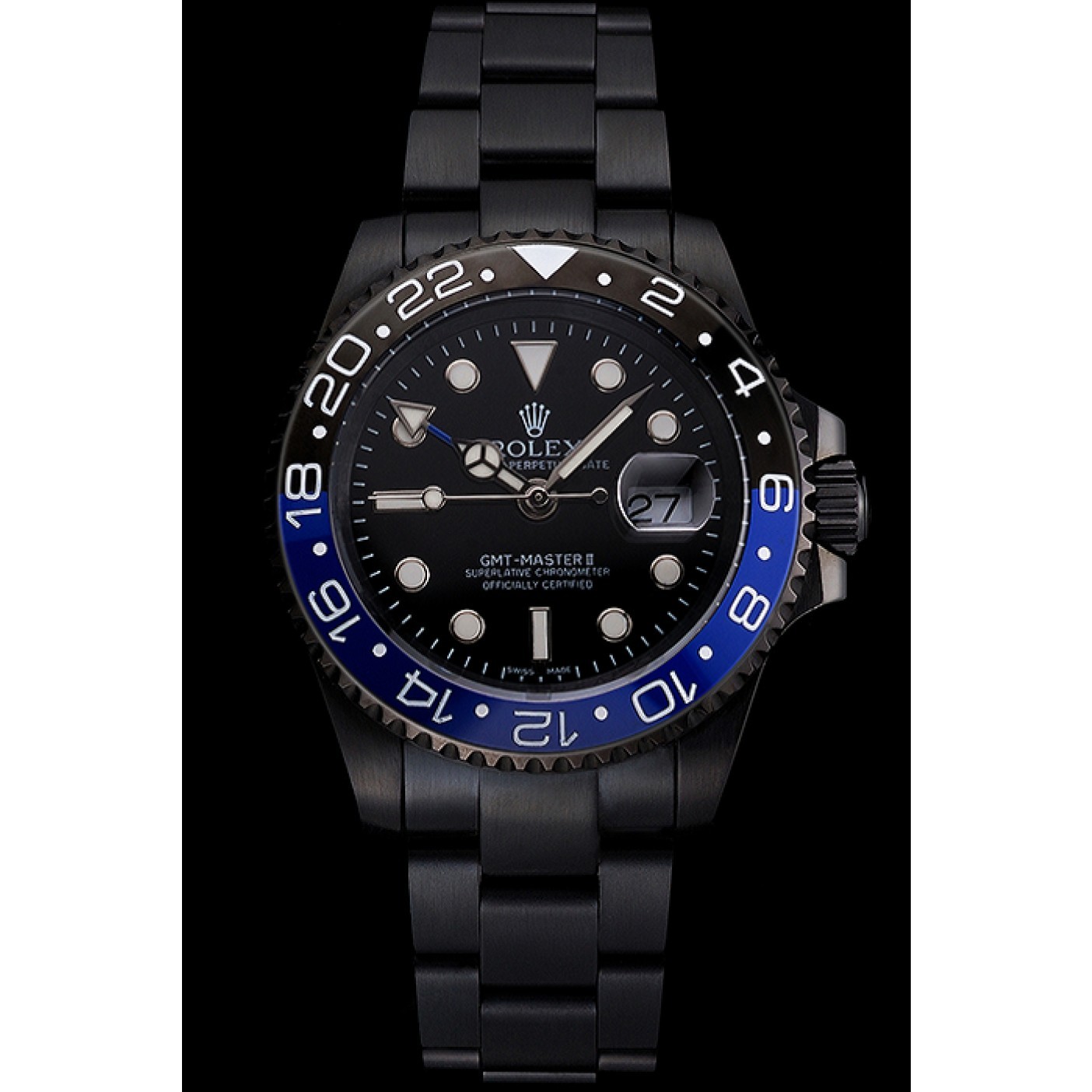 Swiss Rolex GMT Master II Black Dial Blue And Black Bezel Black PVD Case And Bracelet