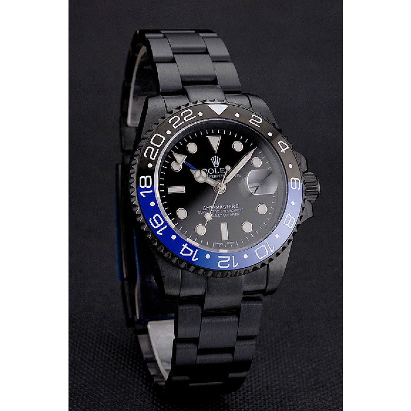 Swiss Rolex GMT Master II Black Dial Blue And Black Bezel Black PVD Case And Bracelet