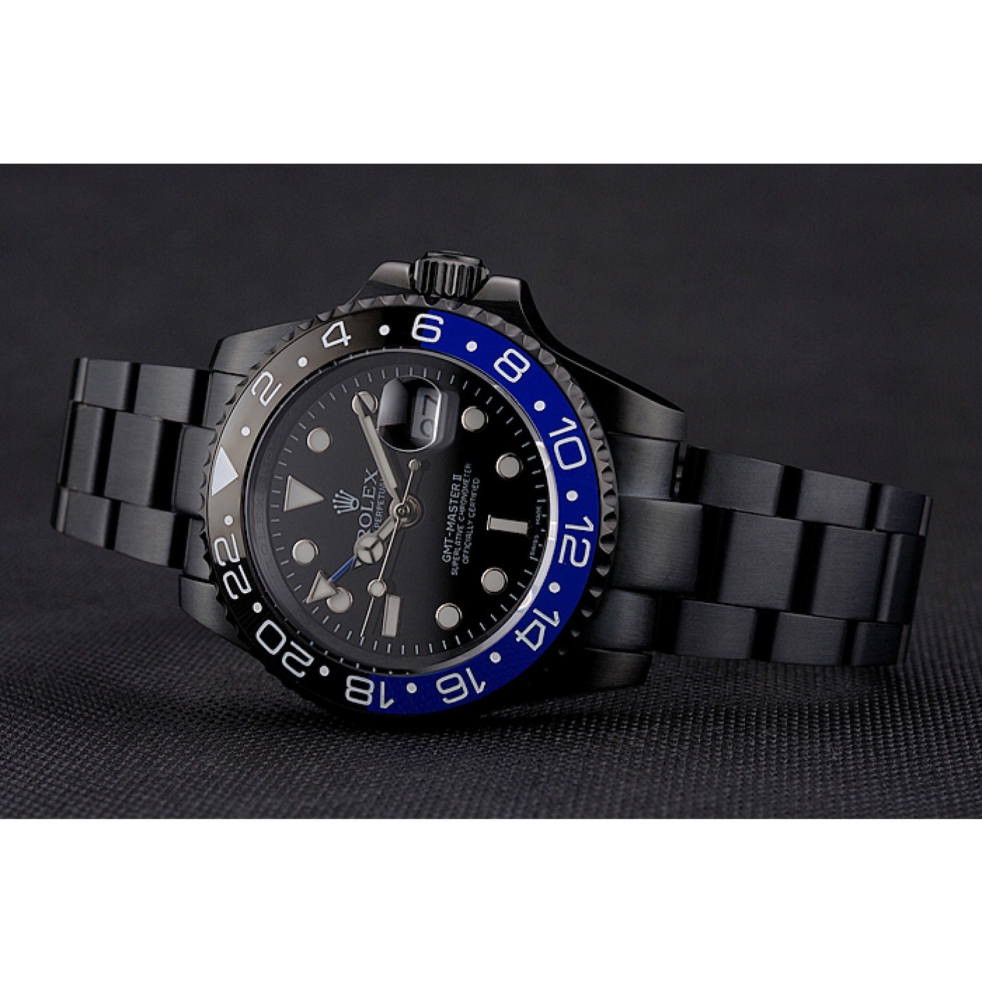 Swiss Rolex GMT Master II Black Dial Blue And Black Bezel Black PVD Case And Bracelet